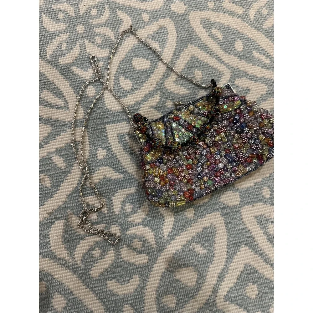 Vintage Colorful Beaded Handbag Black Fabric Satin Lining Multicolored Beads‎